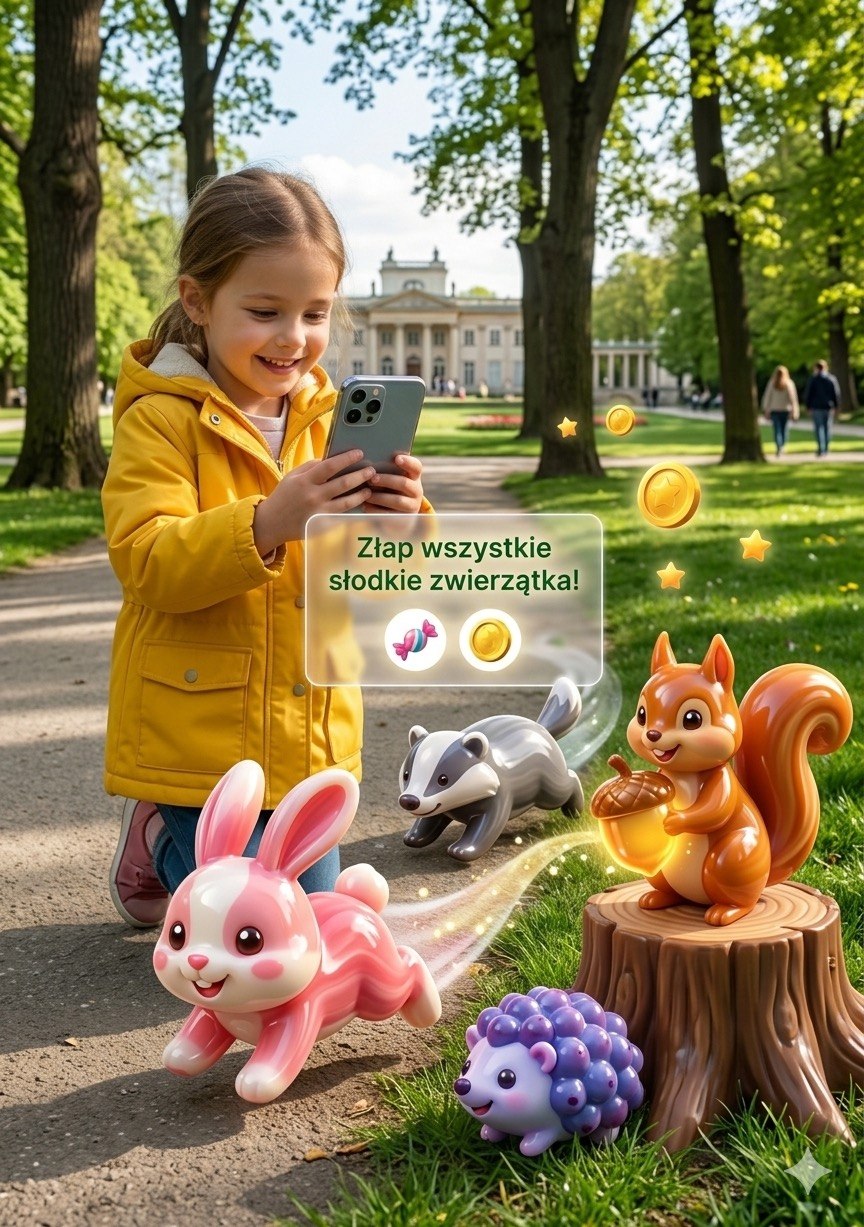 Девочка ловит AR-зверят (зайчика, белочку, ёжика, барсука) в парке через смартфон